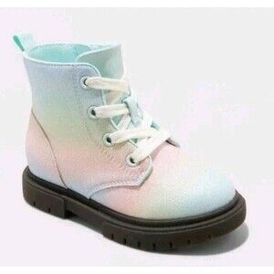 Cat & Jack Amaya Girl's Combat Ankle Zipper Boots Rainbow Glitter Lace Up